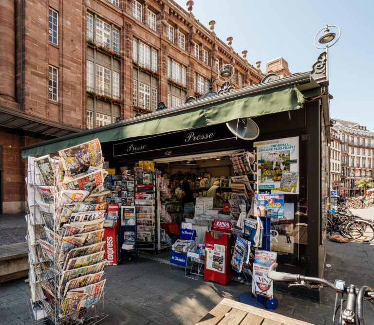 Strasbourg,,France,-,Jul,16,,2018:,French,Kiosk,With,Newspapers