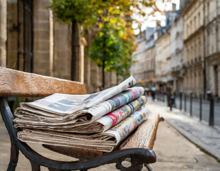 Firefly Mélange de journaux locaux français déposés sur un banc dans une rue 58992