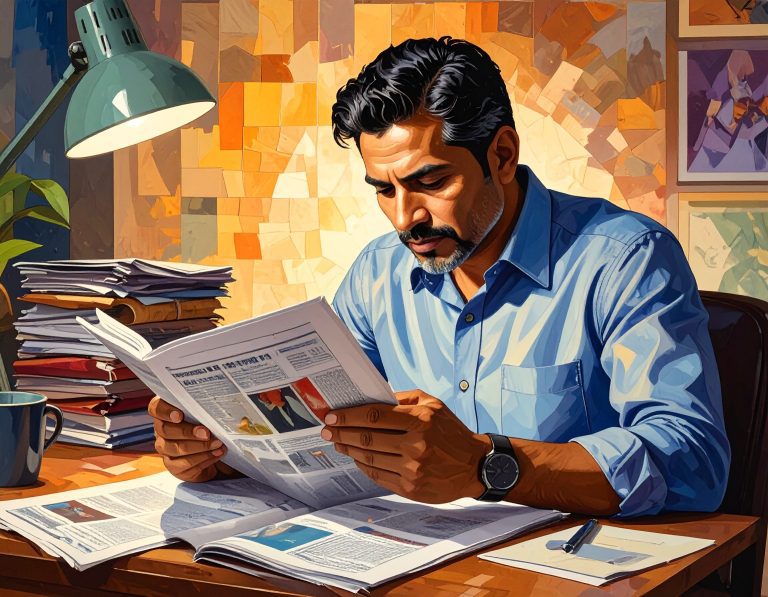 Firefly_illustration à la manière d'une peinture pointilliste - un homme de 40 ans lit un mag 241412